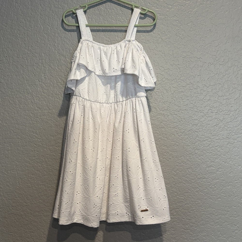 Tahari Girls 6 Lined Tank Fit W/ Off Shoulder Ruffle Flare Dress Eyelet White